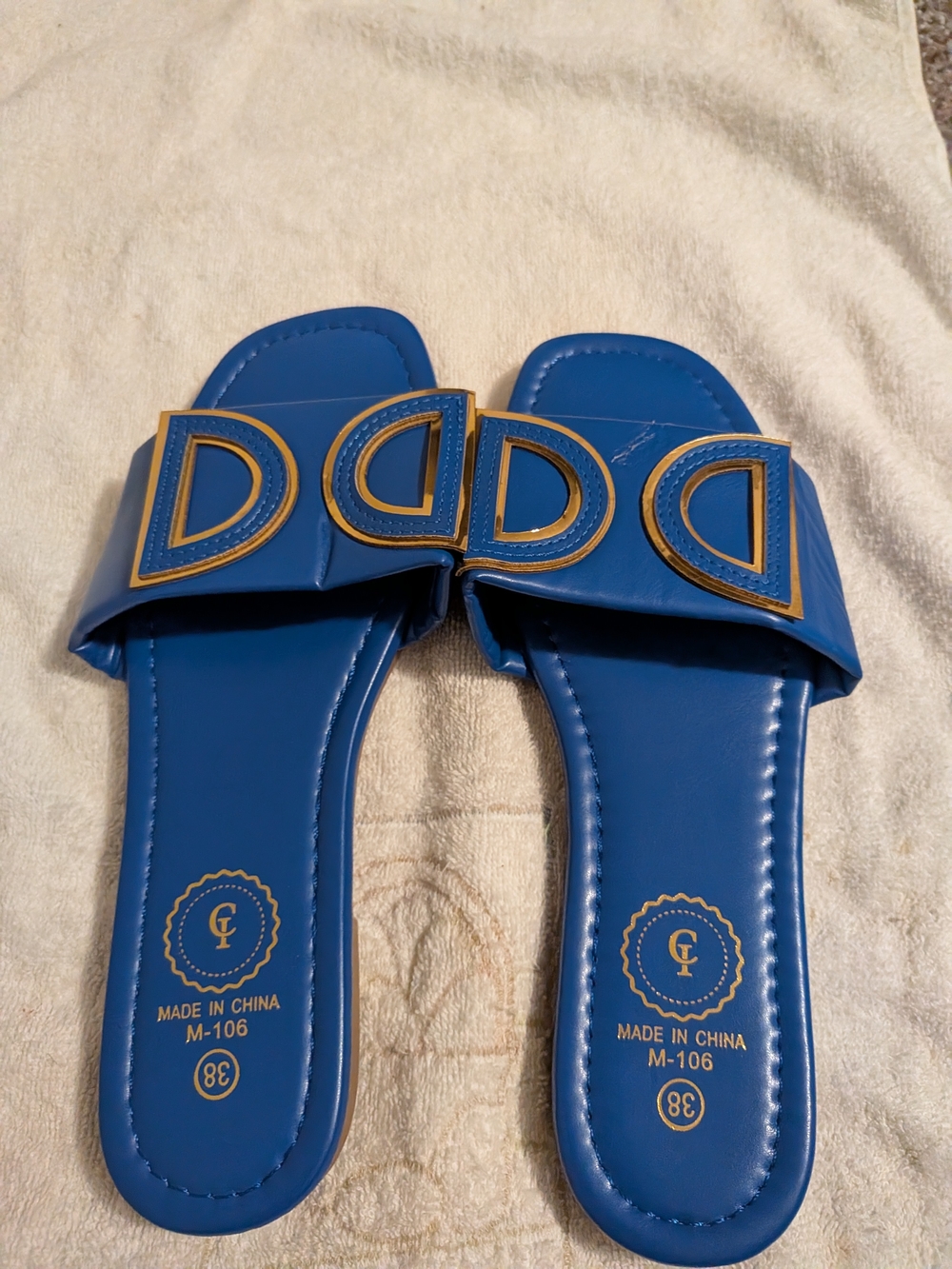 Women's Blue Slide Sandals with Gold Accent Detail